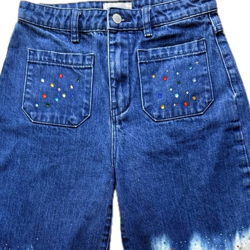 Rolla’s Upcycled Rhinestone Star Denim Bermuda Shorts Festival Boho Sparkle S